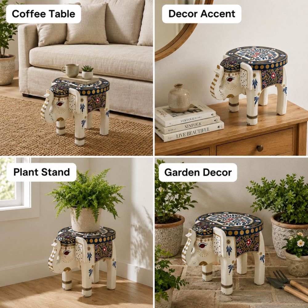 Royal Blue Handpainted Wooden Elephant Stool