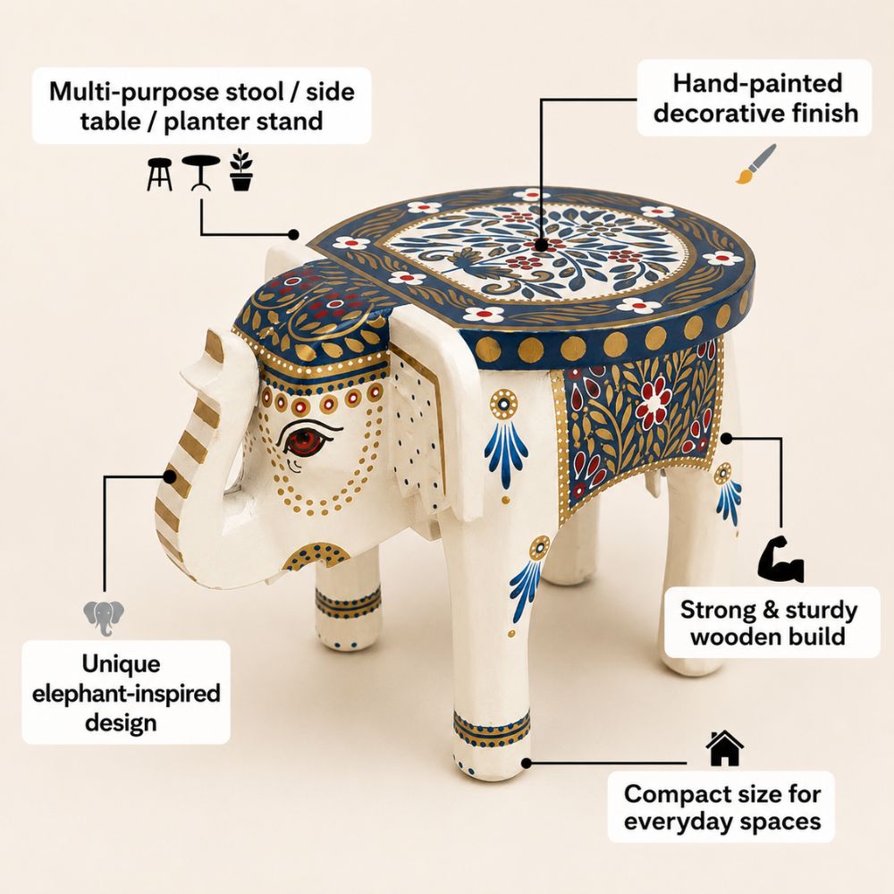 Royal Blue Handpainted Wooden Elephant Stool