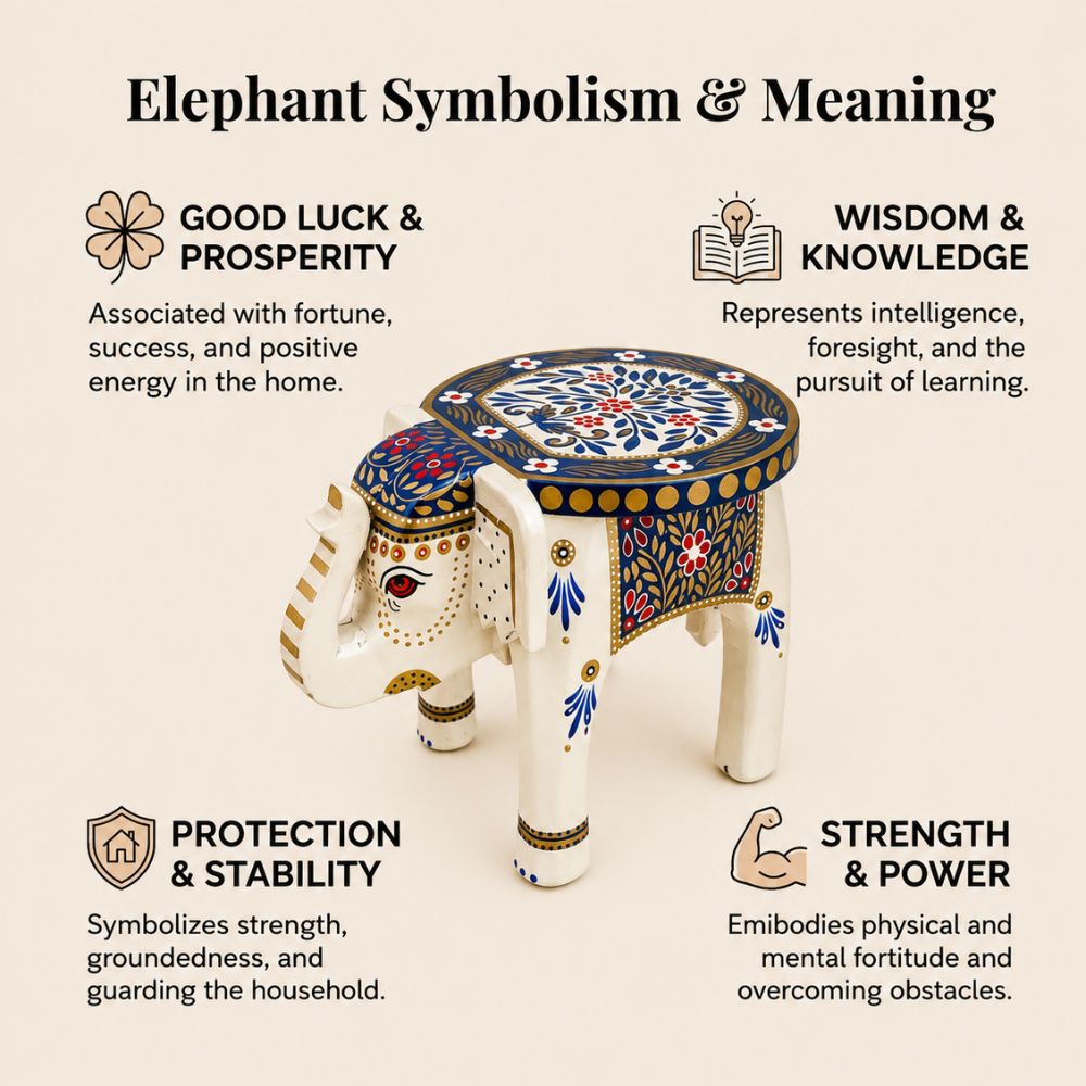 Royal Blue Handpainted Wooden Elephant Stool