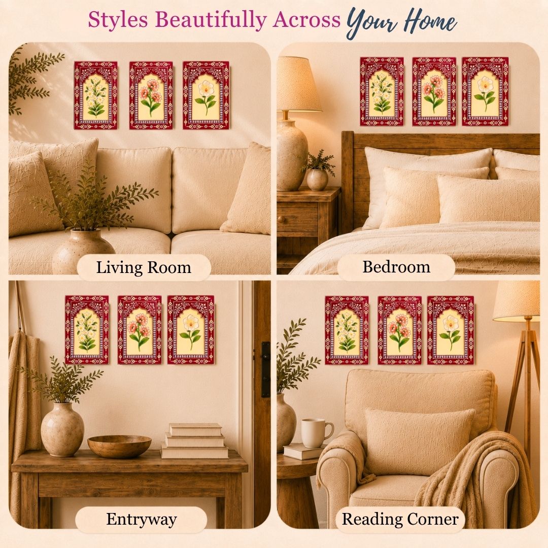 Ruby Bloom Handpainted Wooden Wall Frames (Set Of 3) (12x8 inch)