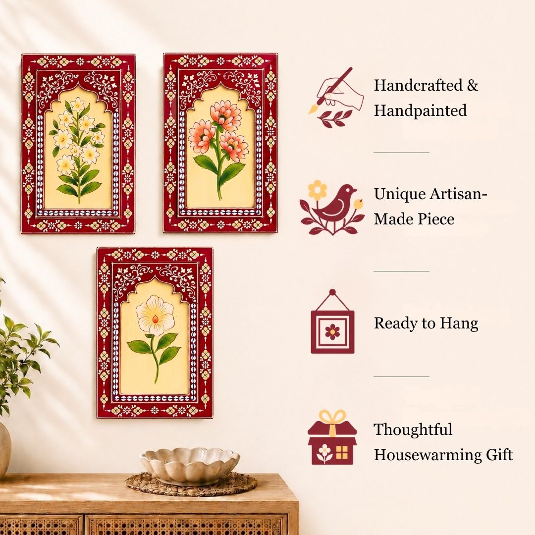 Ruby Bloom Handpainted Wooden Wall Frames (Set Of 3) (12x8 inch)