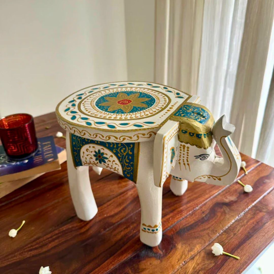 Decorative Set - White Elephant Stool with Assorted Candle Holders