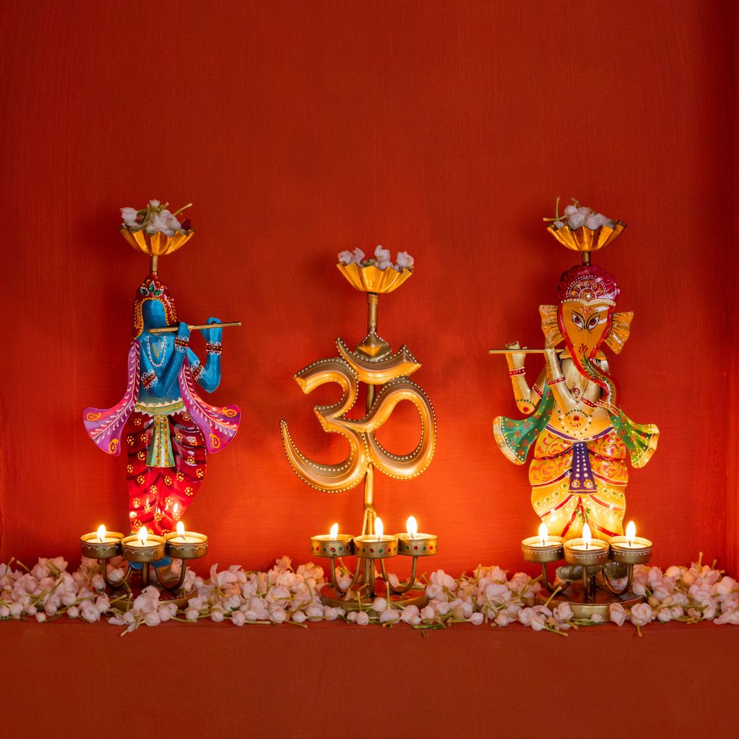 Spiritual Combo - Ganesha, Krishana, Om Iron Tealight Holders
