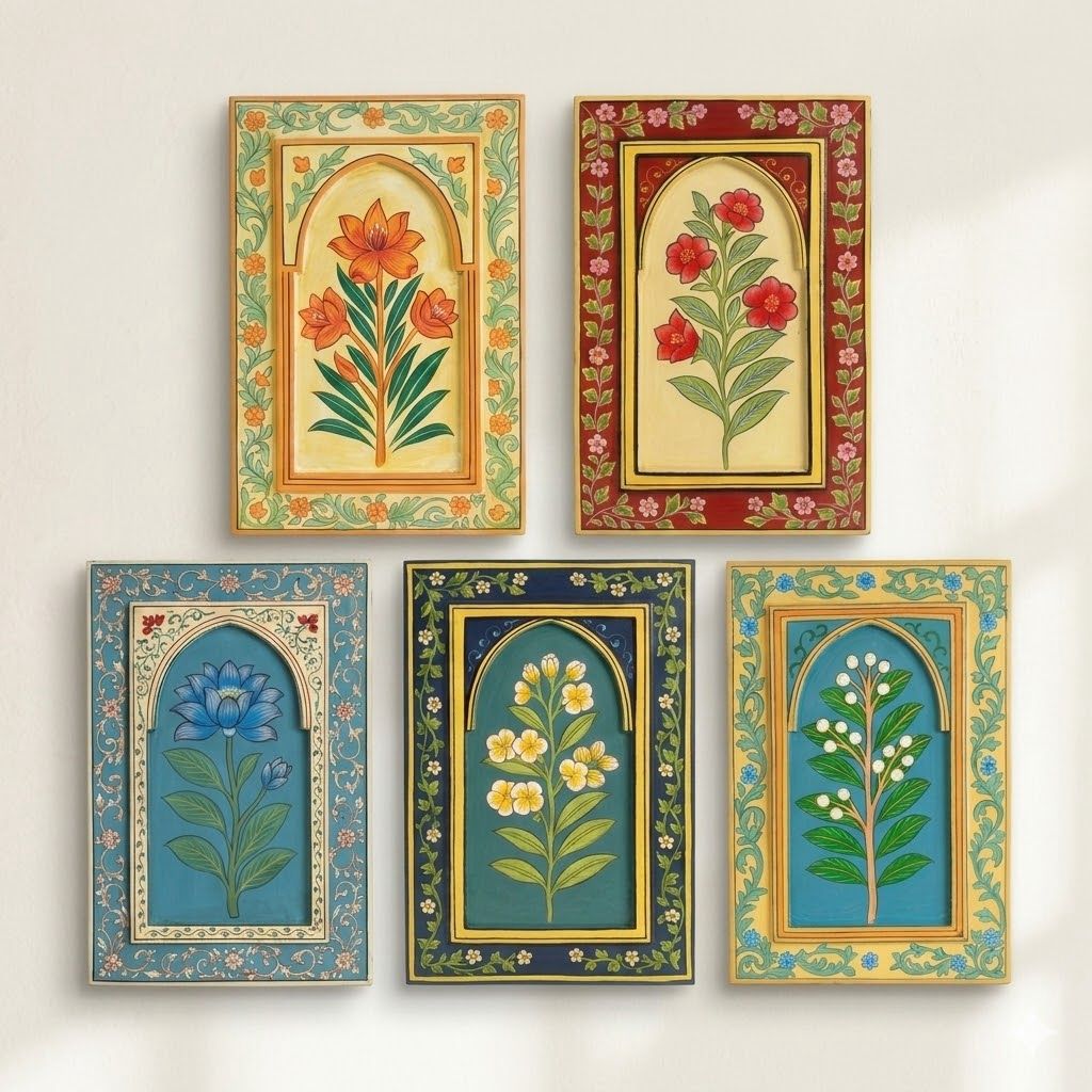 Phool collection set of 5 handpainted wooden wall frames with floral artwork