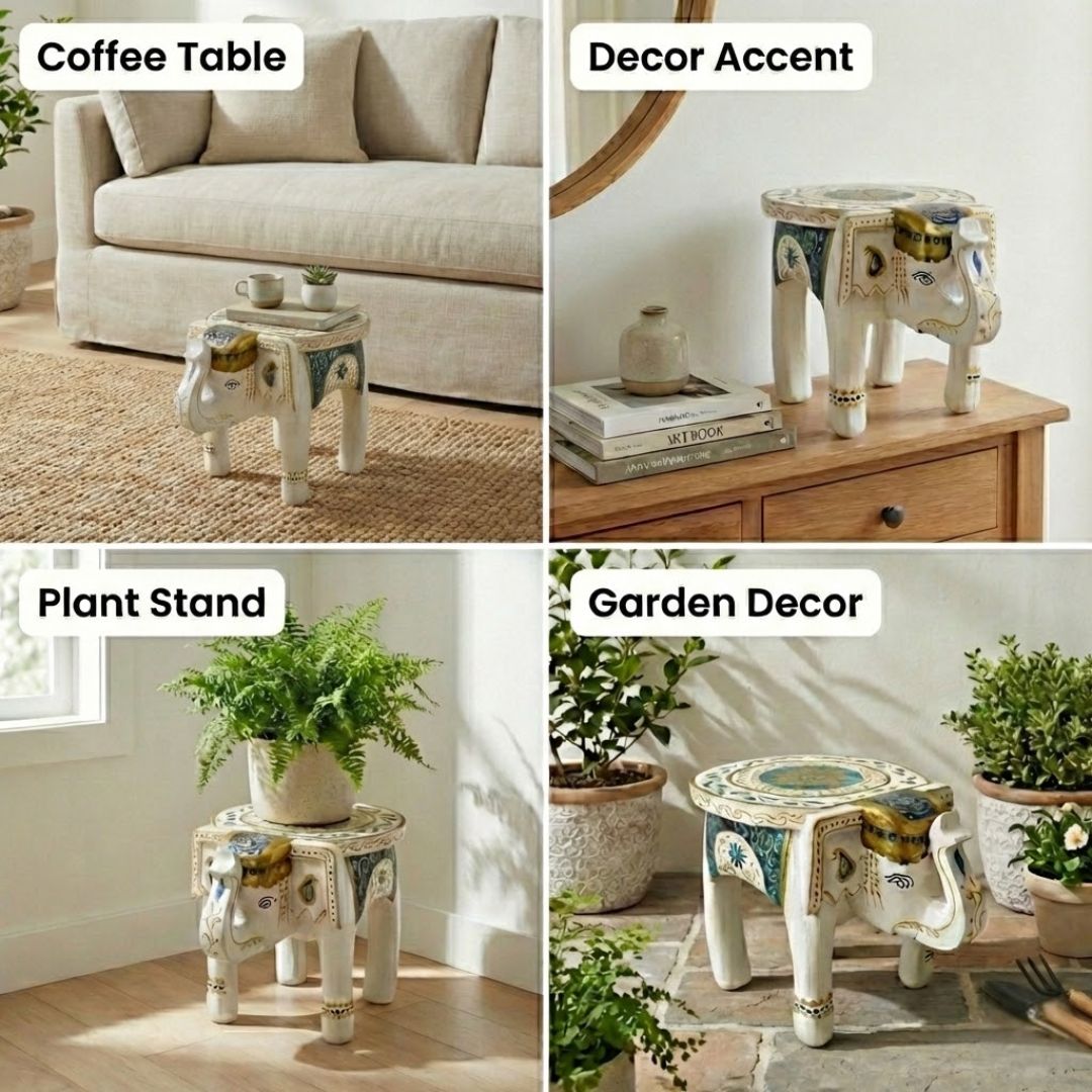 Classic White Handpainted Wooden Elephant Stool