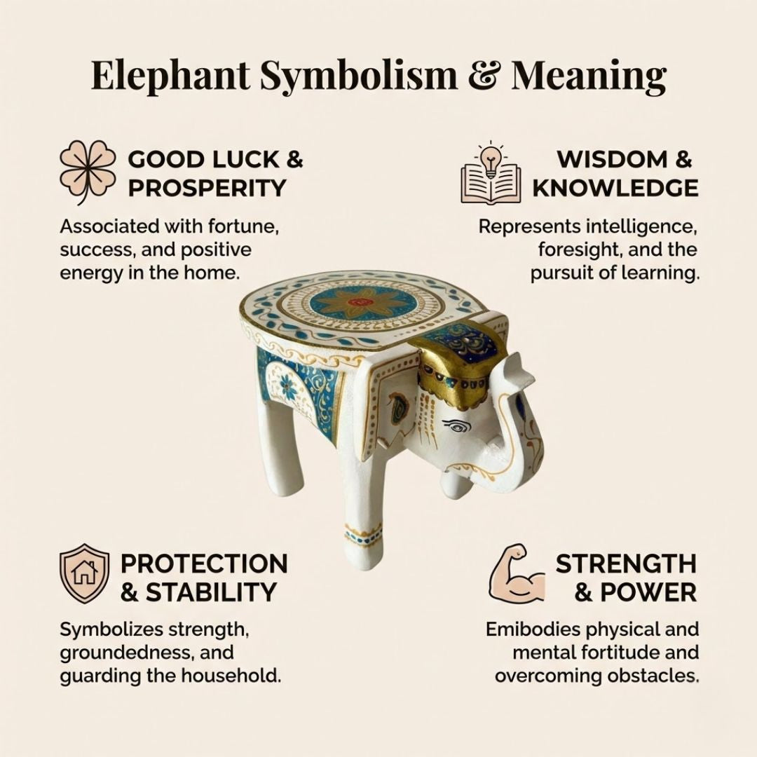 Classic White Handpainted Wooden Elephant Stool