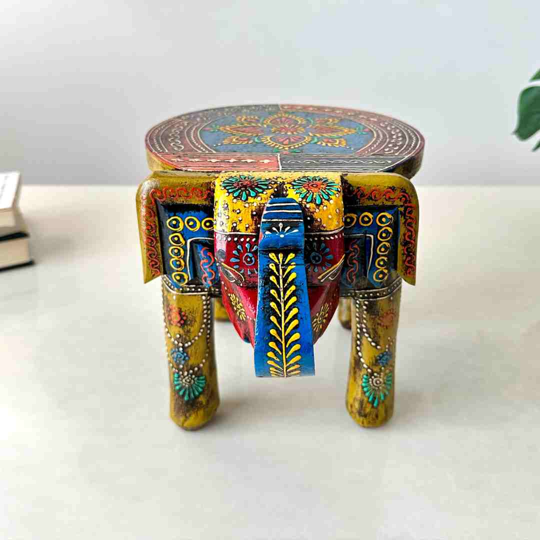 Mehendi Green Handpainted Wooden Elephant Stool