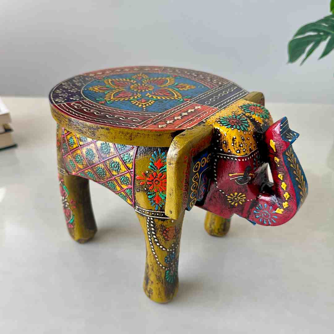 Mehendi Green Handpainted Wooden Elephant Stool