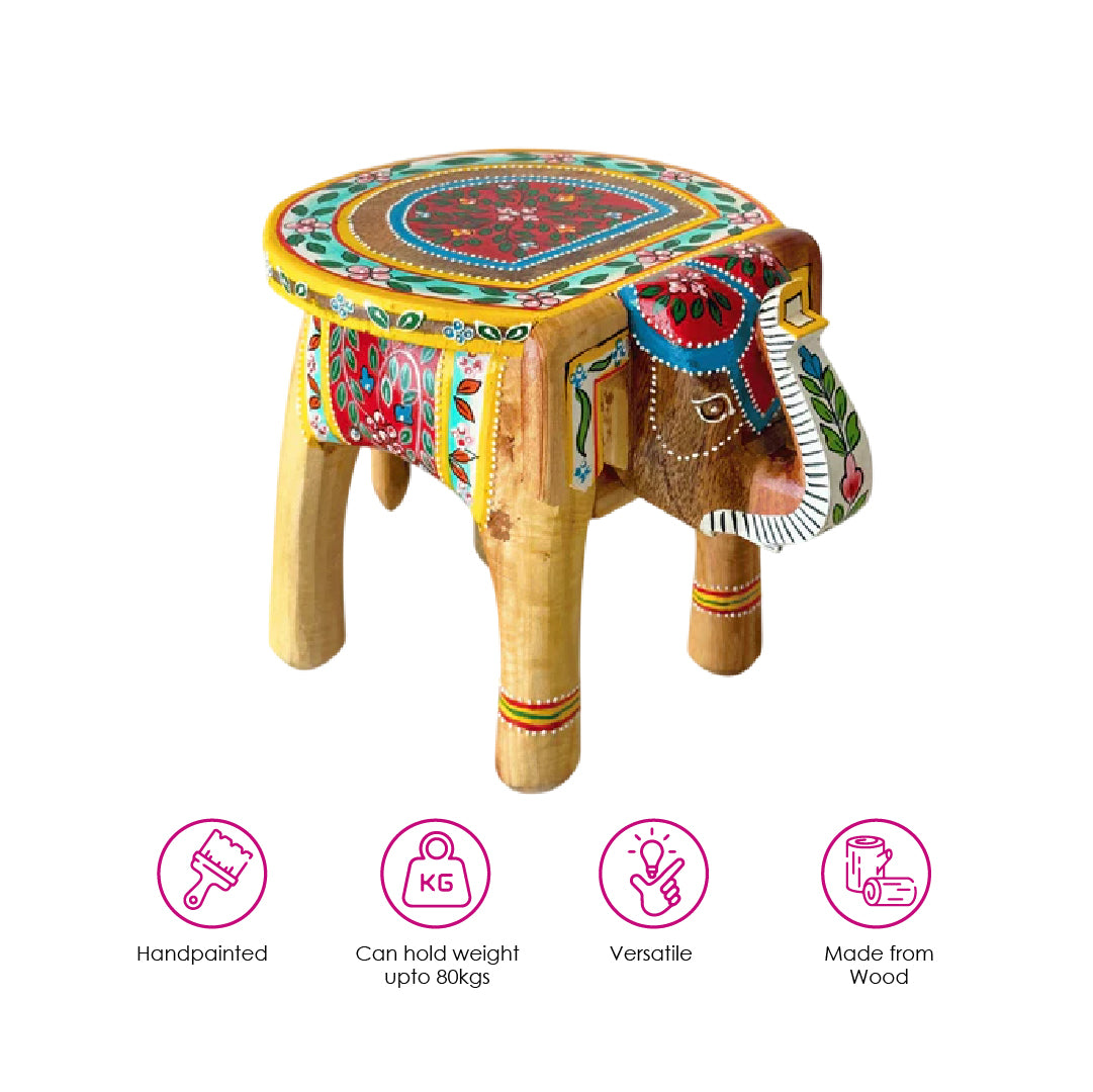 Natural Handpainted Wooden Elephant Stool