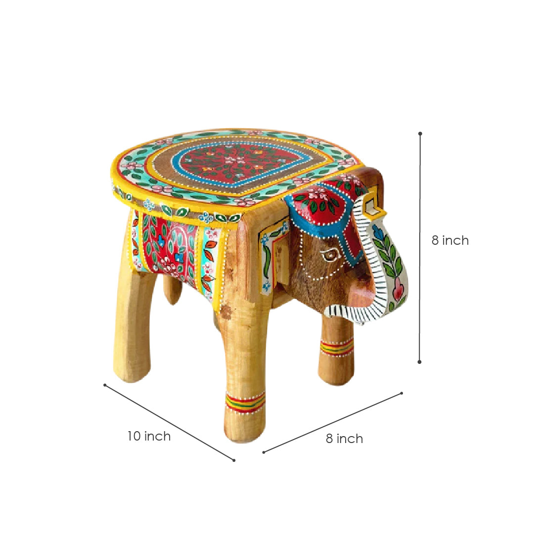 Natural Handpainted Wooden Elephant Stool