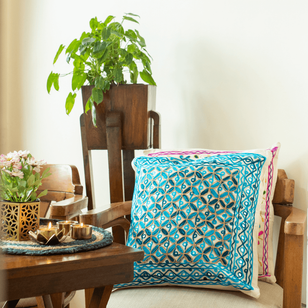 Shades Of Blue Aari Embroidery Cushion Cover