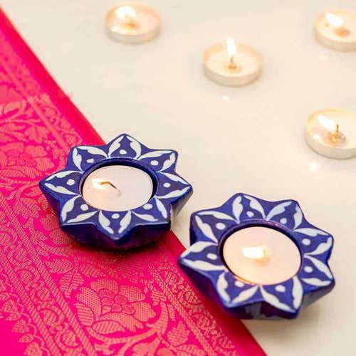 Atrangi Studio Jasmine Blue Pottery Candle Holder - Dark Blue