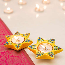 Load image into Gallery viewer, Atrangi Studio Tulip Blue Pottery Candle Holder - Yellow
