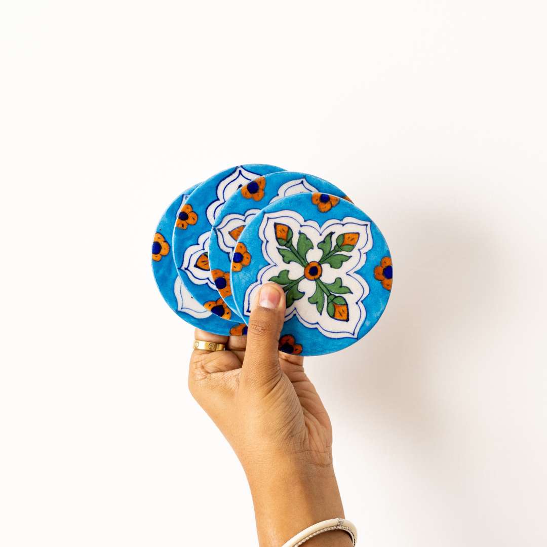 Assorted Blue Pottery Coaster (Set Of 6)
