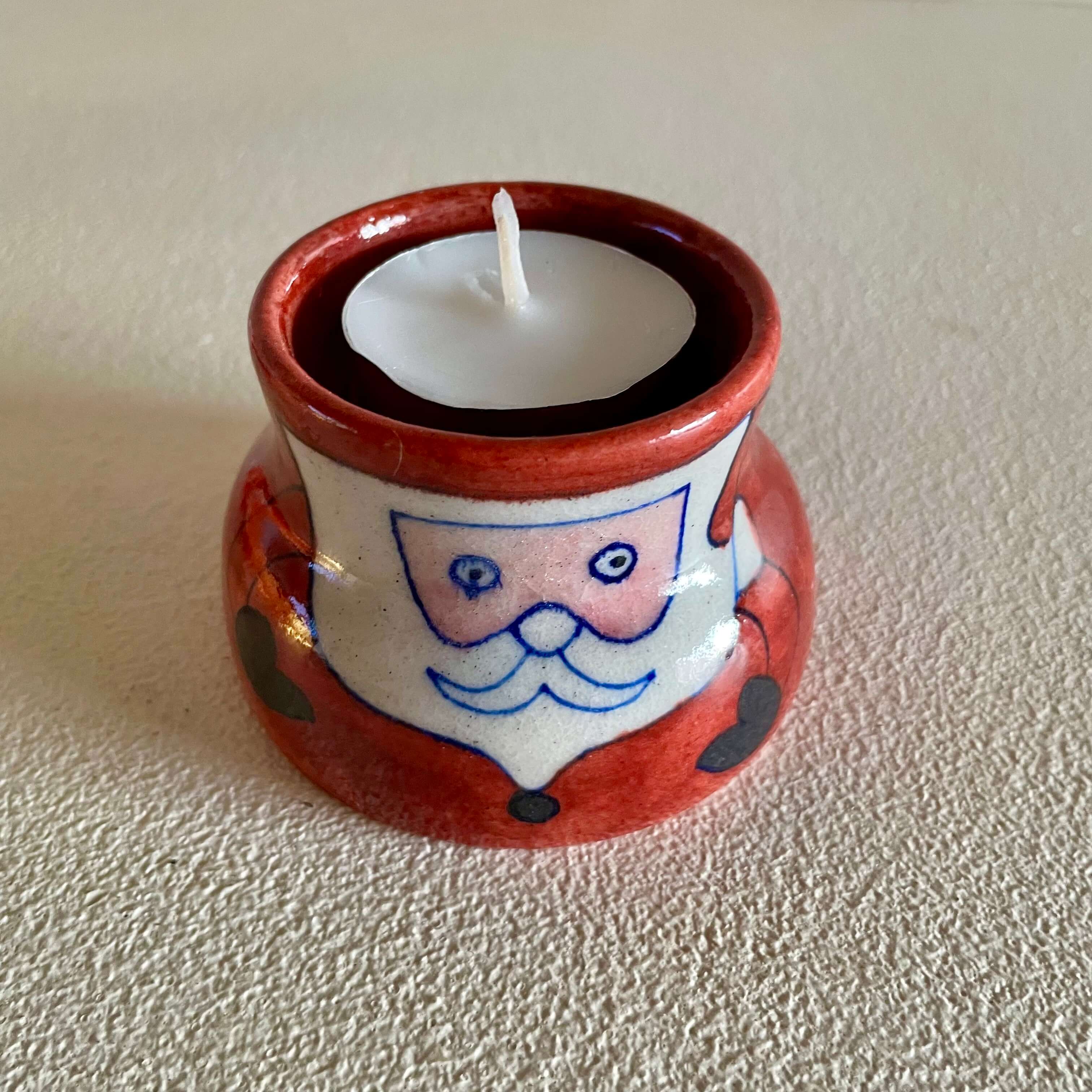 Atrangi Studio Christmas Santa Blue Pottery Candle Holder