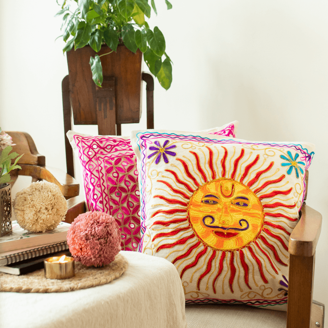 Surajmukhi Aari Embroidery Cushion Cover
