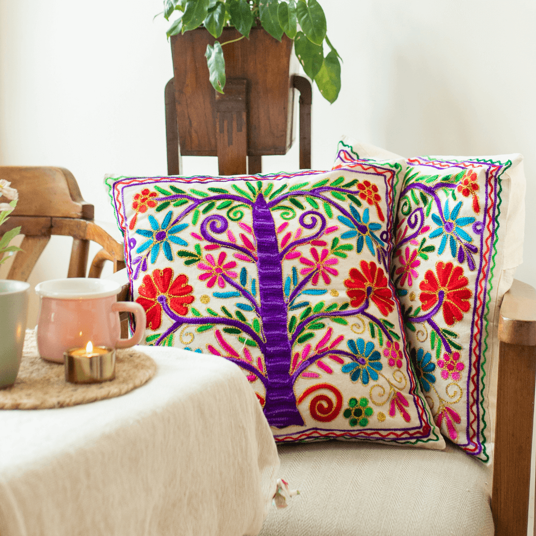 Tree Of Life Aari Embroidery Cushion Cover