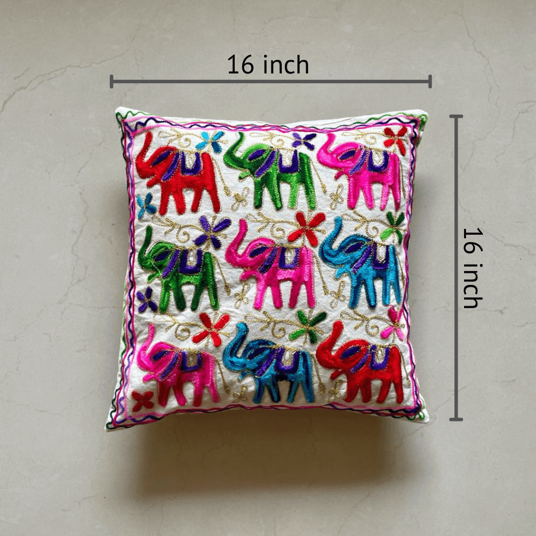 Elephant Aari Embroidery Cushion Cover
