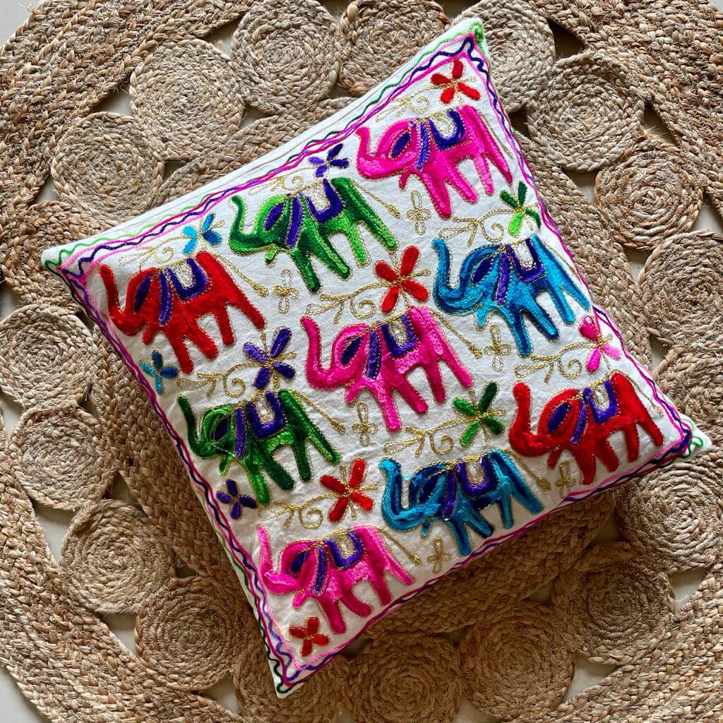 Elephant Aari Embroidery Cushion Cover (Set of 2)