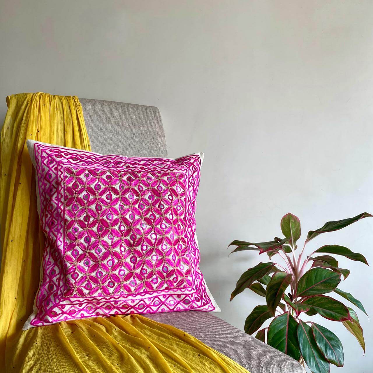 Shades Of Pink Aari Embroidery Cushion Cover