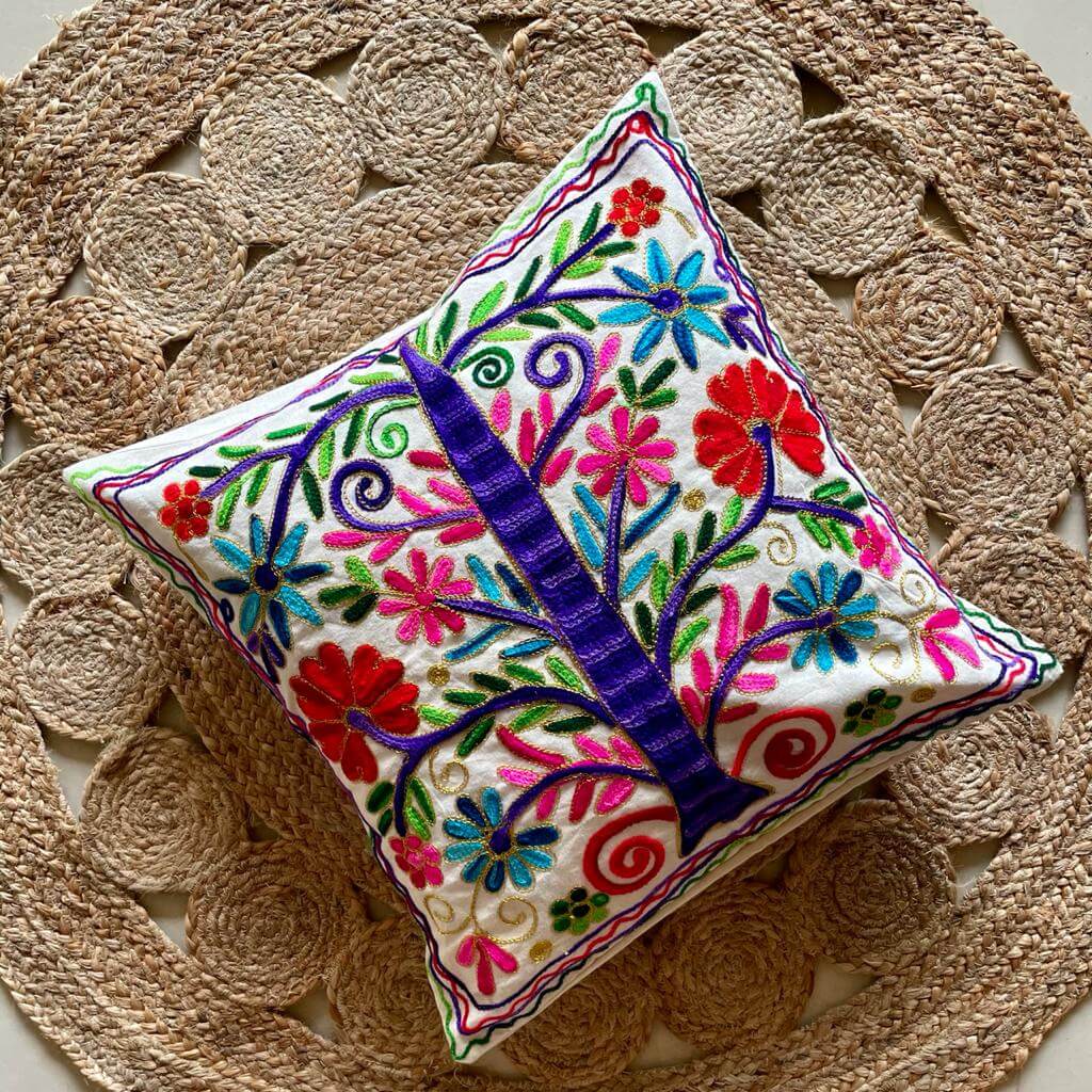 Tree Of Life Aari Embroidery Cushion Cover
